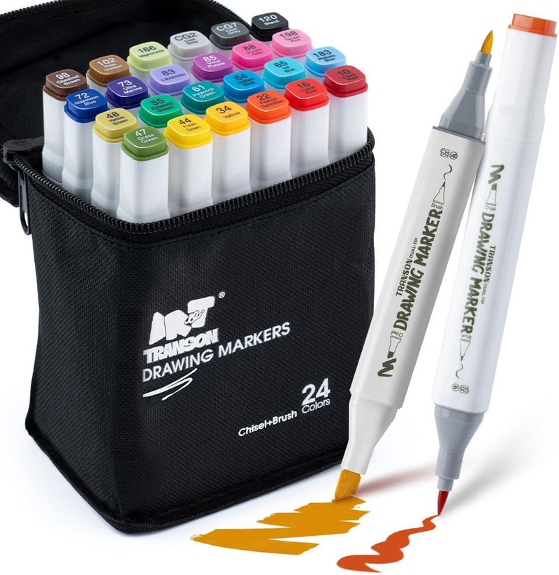 TRANSON Alcohol Markers for Drawing Coloring 24 Colors Dual-tip Brush and Chisel Tips - Image 1